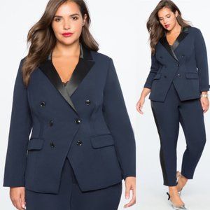 ELOQUII Satin Collar Double Breasted Blazer Navy